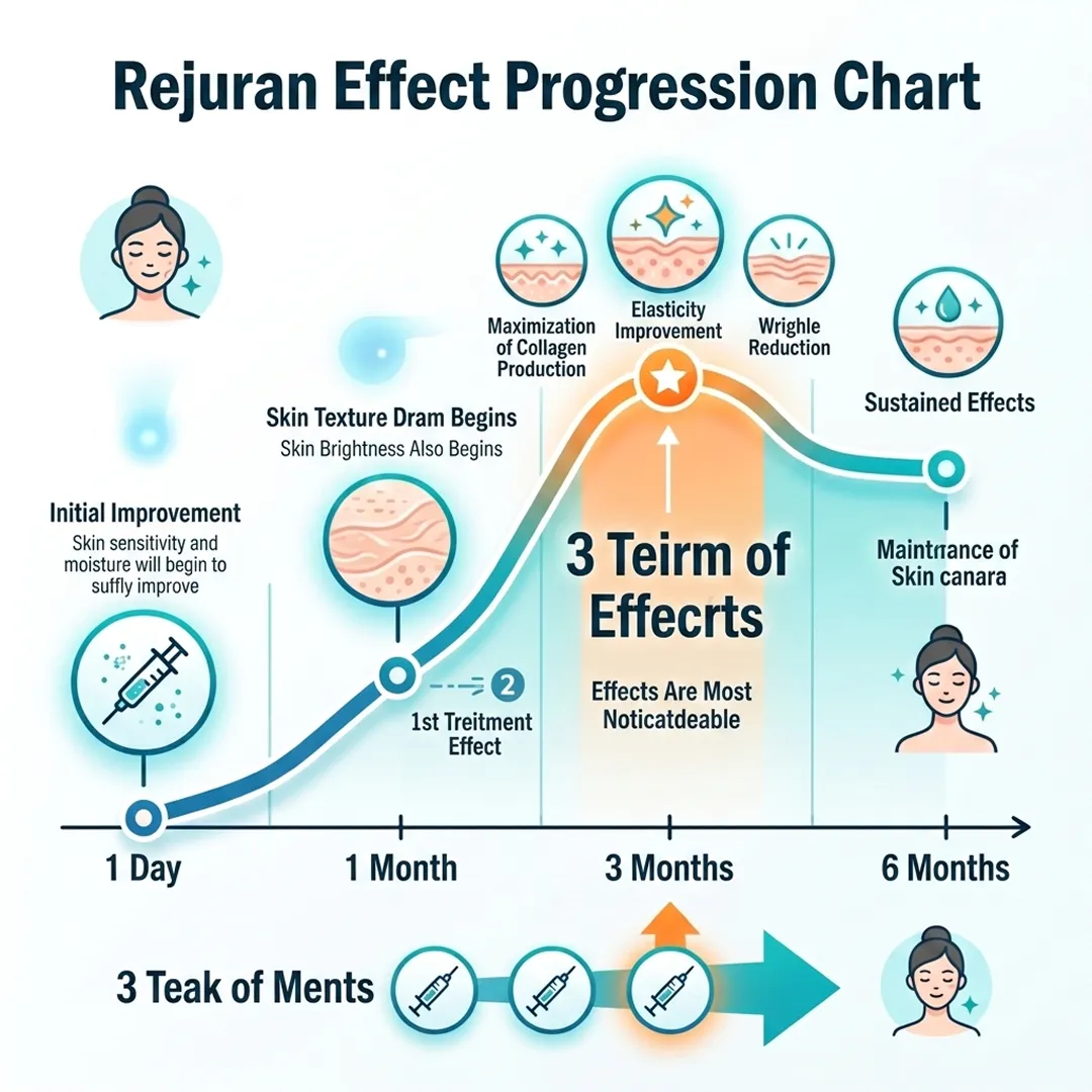 Rejuran effect progression chart showing collagen production and skin regeneration over time