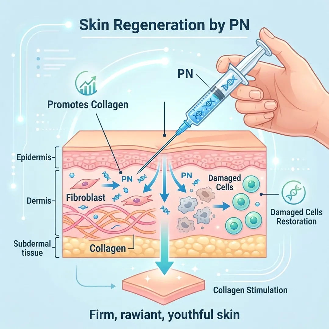 Diagram of skin regeneration by PN promoting collagen and restoring damaged cells in the epidermis