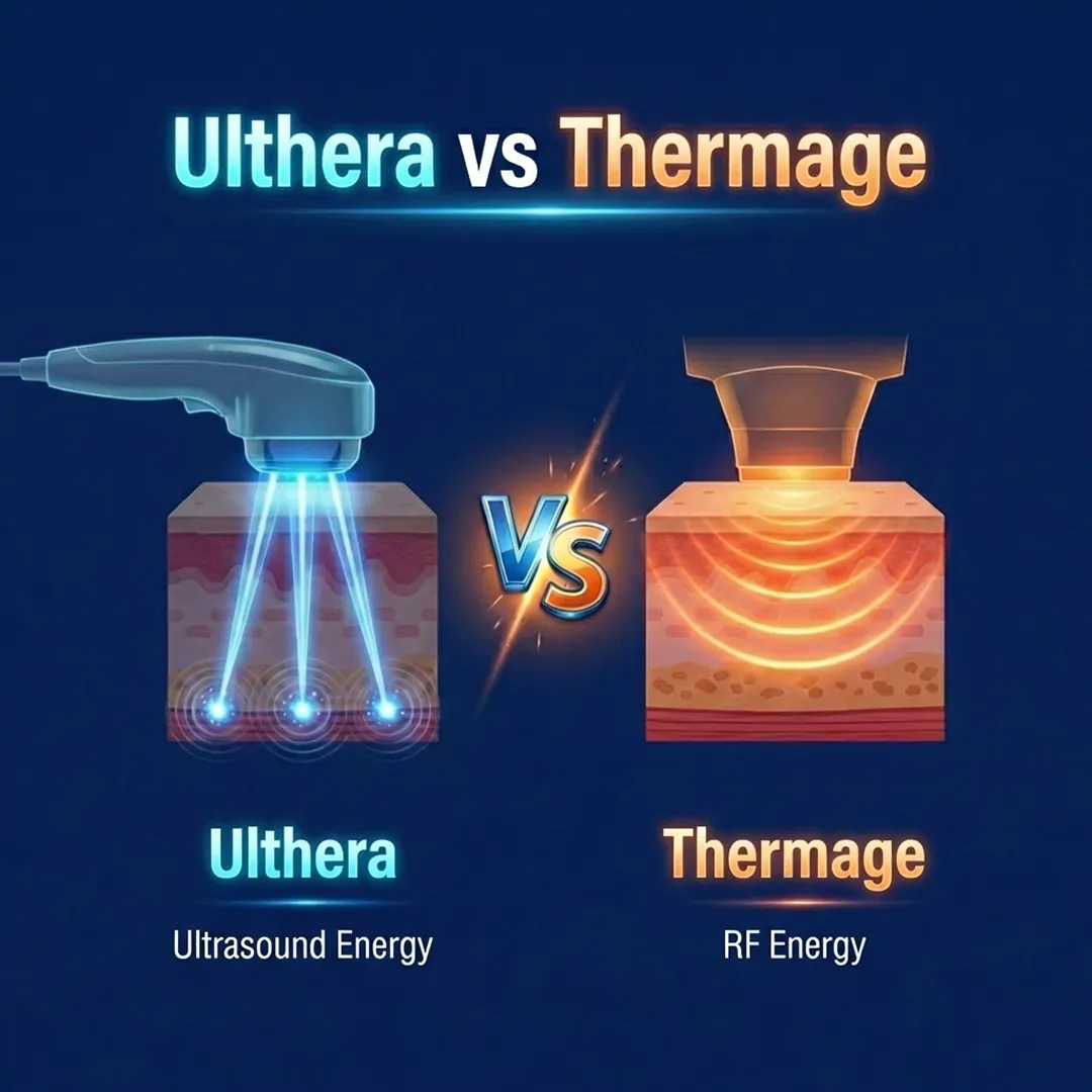A diagram comparing the target depths of Ultherapy (SMAS layer) and Thermage (dermis).