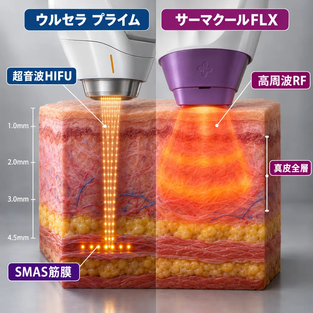 アイウルセラの超音波エネルギーとサーマクールFLXの高周波エネルギーの違いを比較した断面図