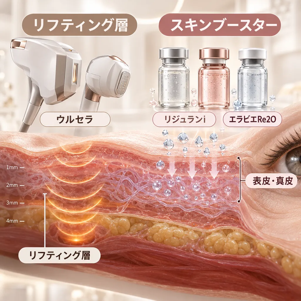 目元リフティング機器と目元用スキンブースターの作用部位の違いを示す体系図