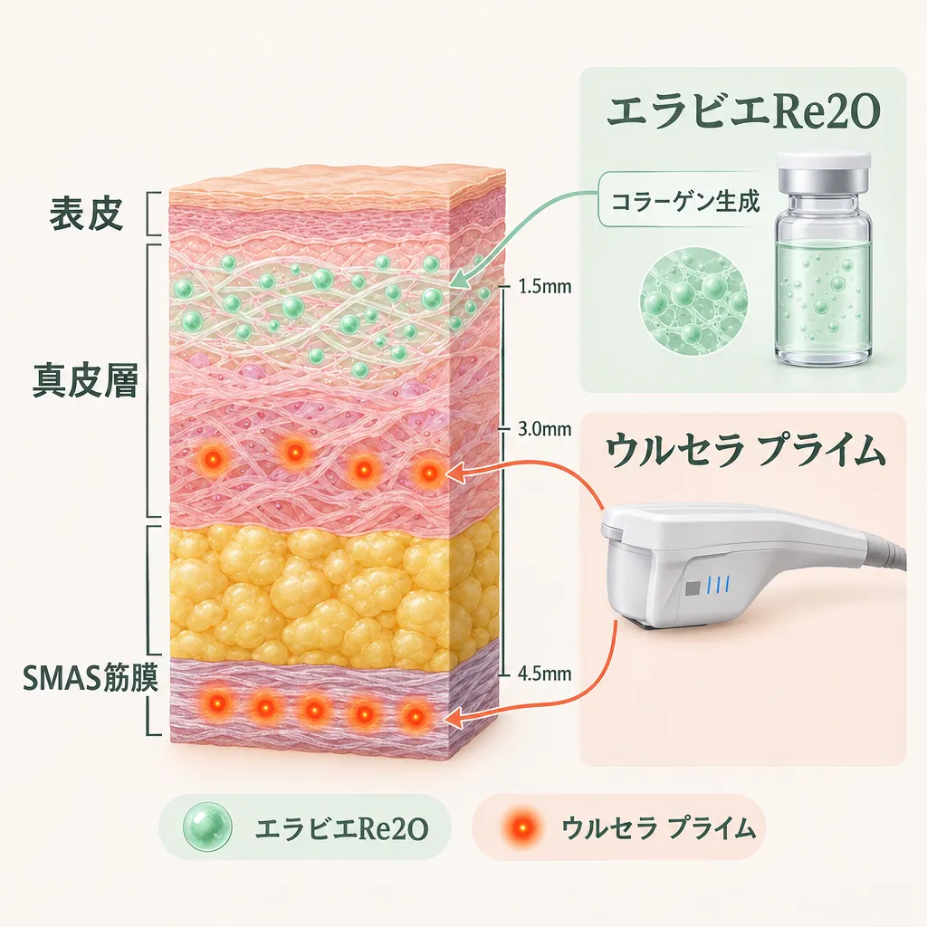 ウルセラとリトゥオの皮膚作用深度を示す断面図イラスト