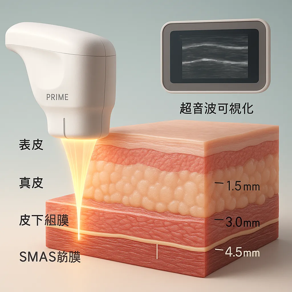 ウルセラプライムの超音波照射深度と皮膚層の3D断面図