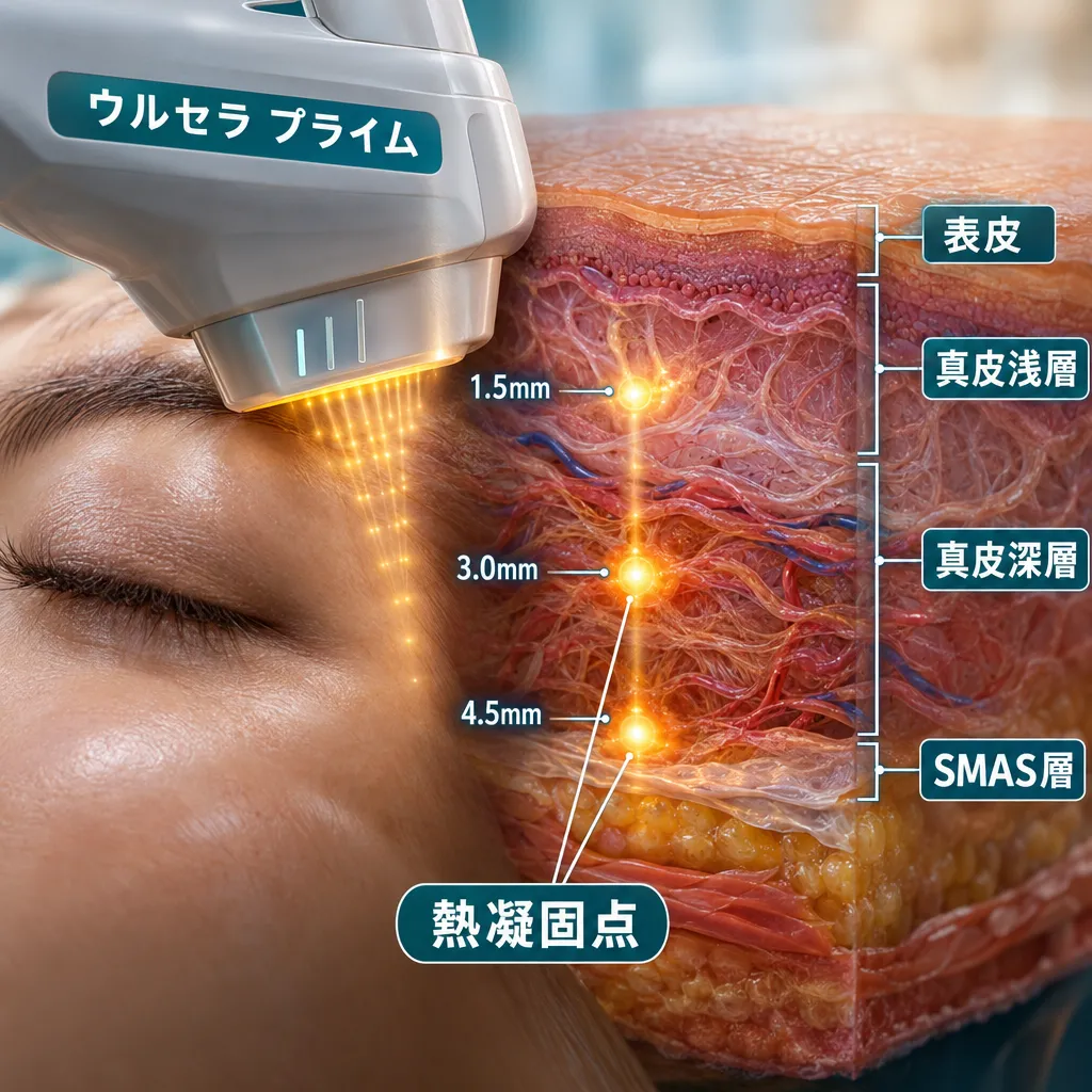 アイウルセラの微細焦点超音波が目元の皮膚層とSMAS層に届く仕組みを示す3D構造図