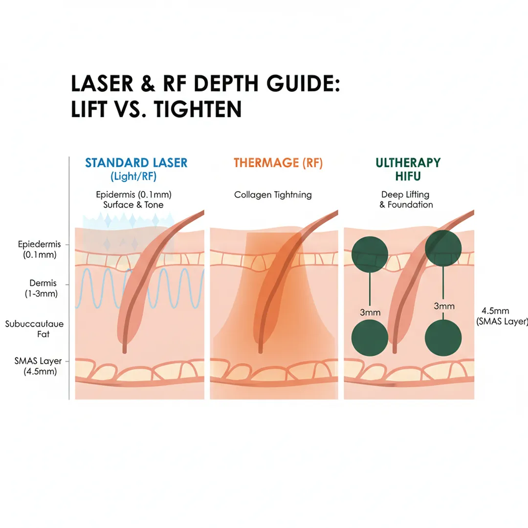 Graphic showing Ultherapy and Thermage layers for Ulthermage lifting effect