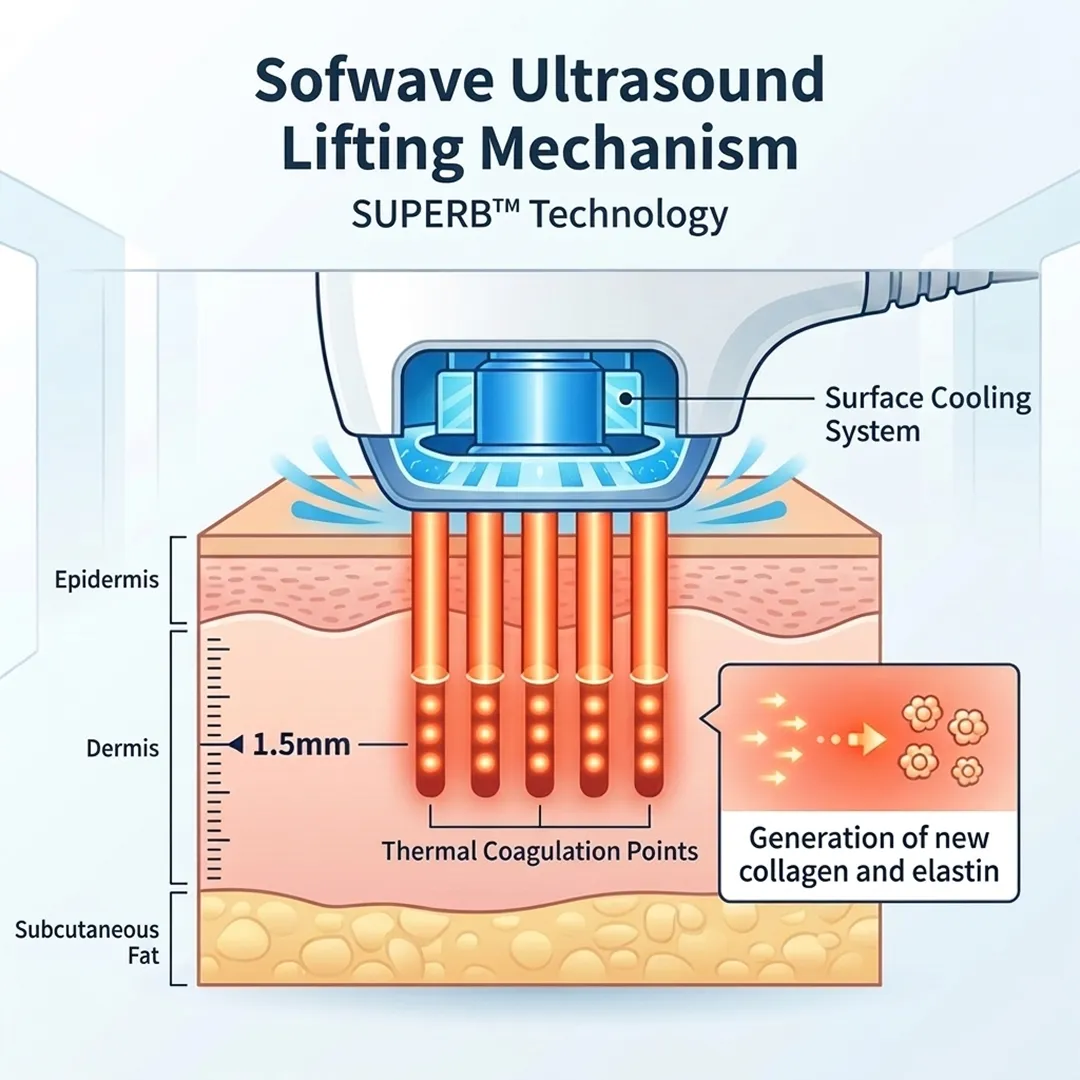 Diagram showing the Sofwave ultrasound lifting mechanism and SUPERB technology targeting the 1.5mm dermis